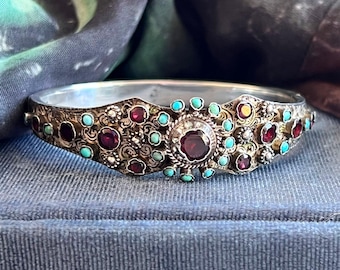 Vintage Hungarian Silver Turquoise Garnet Bangle Bracelet c. 1937–1966
