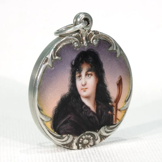 Antique Art Nouveau Silver Enamel Locket Woman Mo… - image 2