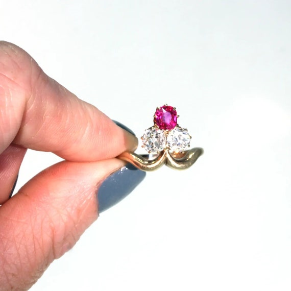 Antique Edwardian Trefoil Ruby Diamond Ring Size … - image 7