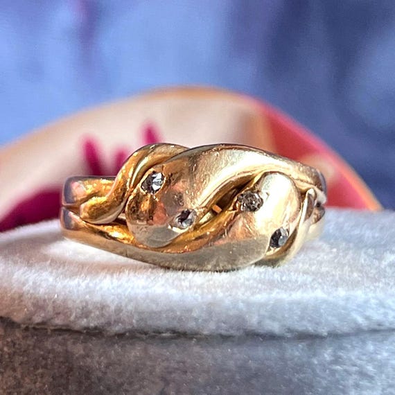 Antique Victorian Double Snake Diamond Gold Ring Men’s c. 1890, Size 12, 18k Gold