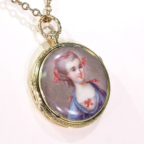 Georgian Enamel Portrait Locket Pendant 18k Gold - Gem