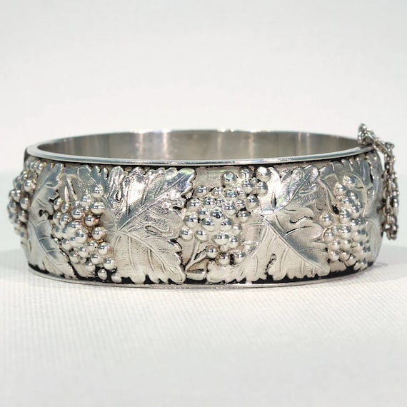 French Silver Bangle Bracelet with Grape Motif