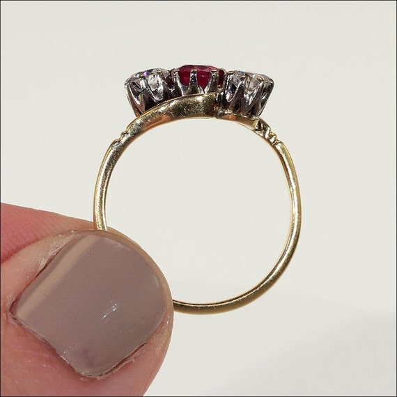 Antique Ruby and Diamond 3 Stone Bypass Ring in 1… - image 4