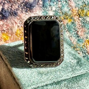 Art Deco Silver Onyx and Marcasite Ring Size 8.25