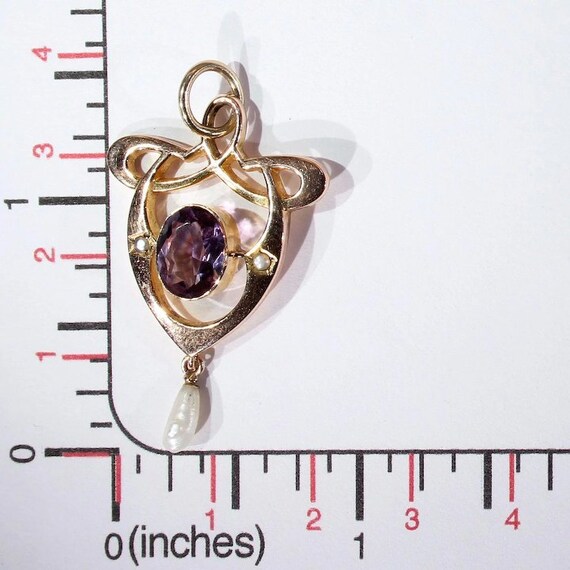 Antique Gold Art Nouveau Pearl Amethyst Pendant - image 7