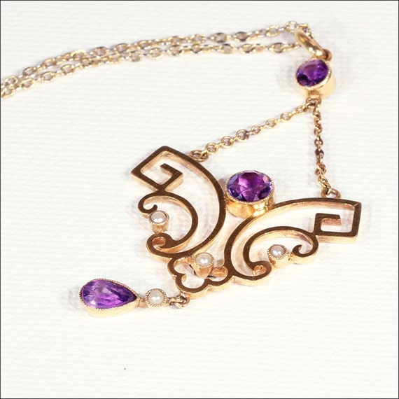 Antique Edwardian Amethyst and Pearl Lavaliere Pe… - image 1