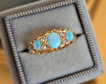 Edwardian Opal Diamond Gold Ring 3 Stone Size 6.75