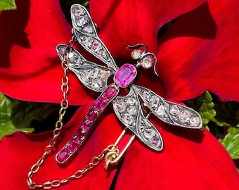 Art Nouveau French Ruby Diamond Dragonfly Brooch