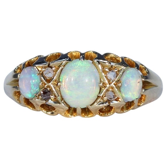 Edwardian Opal Diamond Gold Ring 3 Stone Size 6.75