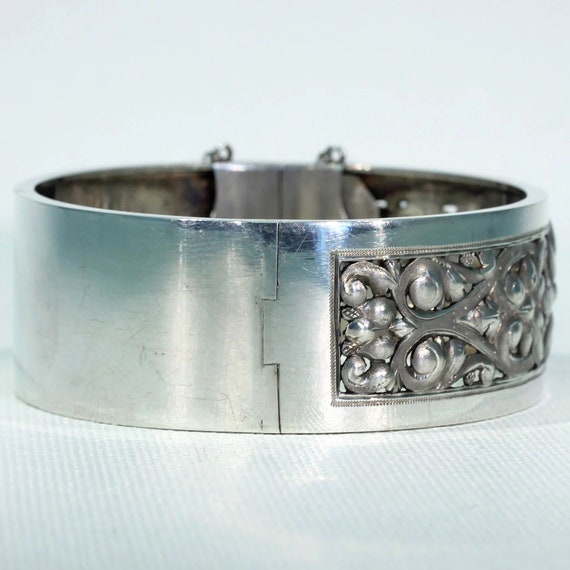 Antique French Repoussed Floral Silver Bangle - image 4