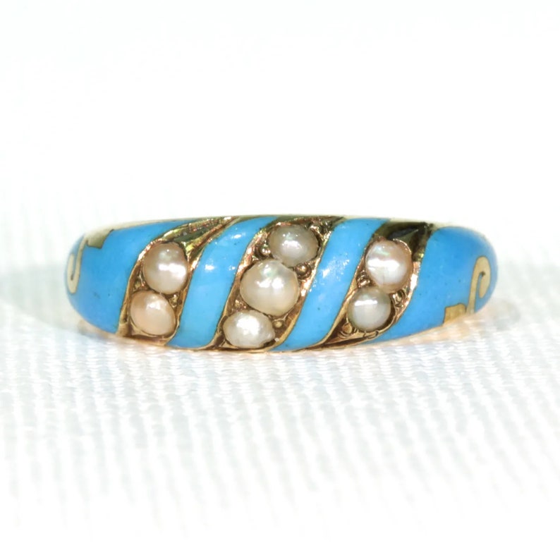 Victorian Blue Enamel Pearl Ring 15k Gold Size 5 3/4 - Etsy UK