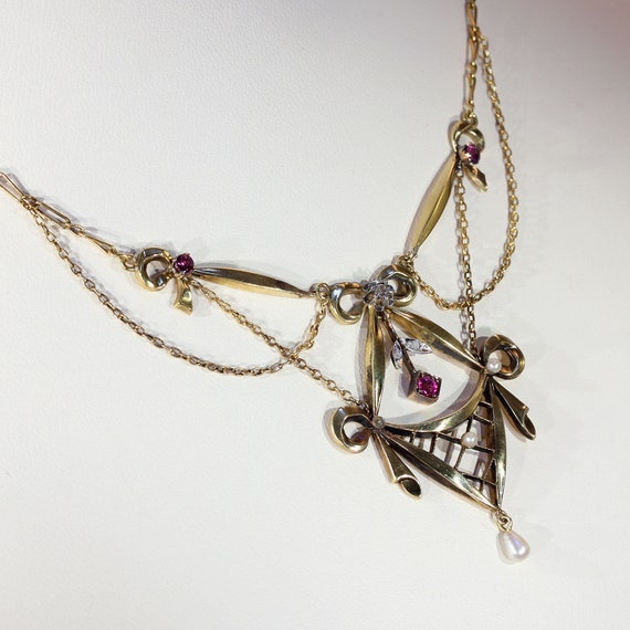 Victorian Gold Silver Ruby Diamond Pearl Necklace - image 3