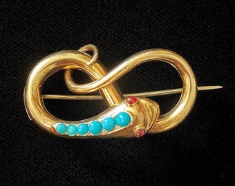 Antique Victorian Turquoise Garnet Gold Snake Brooch Pin