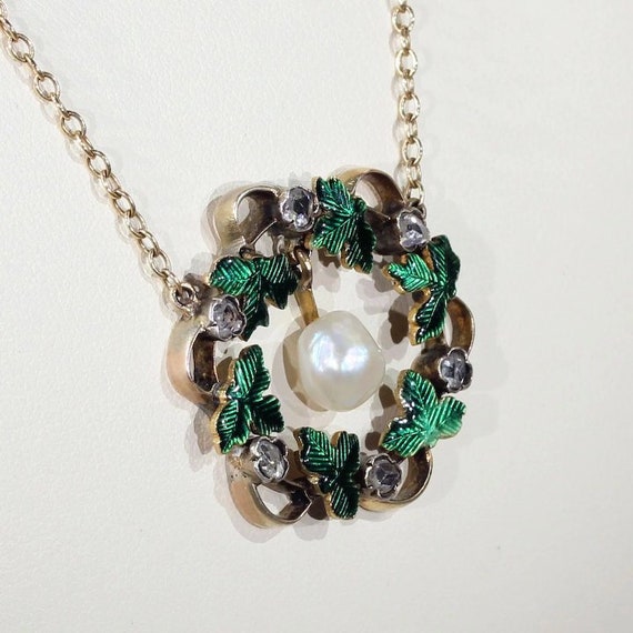 Antique Victorian Wreath Pendant Diamond Pearl En… - image 3