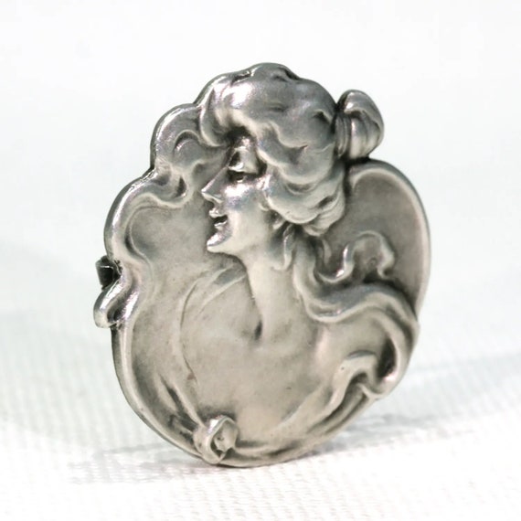 Antique Art Nouveau Silver Woman Brooch Pin - image 2