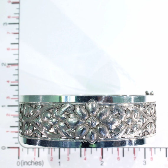 Antique French Repoussed Floral Silver Bangle - image 8