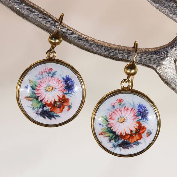 Antique Victorian Gold Enamel Flower Earrings - image 3