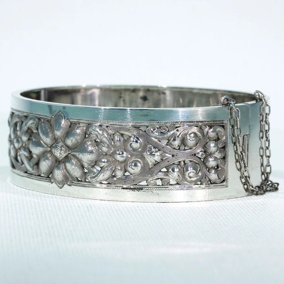 Antique French Repoussed Floral Silver Bangle - image 2