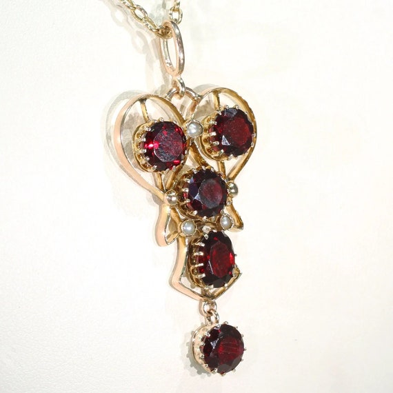 Edwardian Garnet & Pearl Drop Pendant 9K - image 2