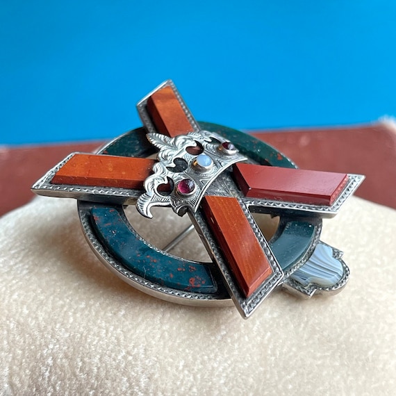 Silver Scottish Agate St. Andrews Cross Brooch Pe… - image 2