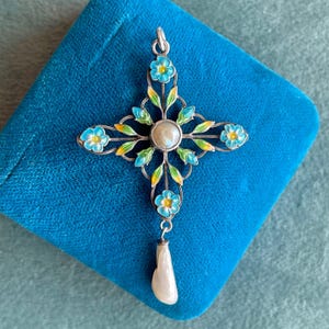 Antique English Silver Enamel Pendant with Pearl Drop, Arts & Crafts Era, Circa 1910
