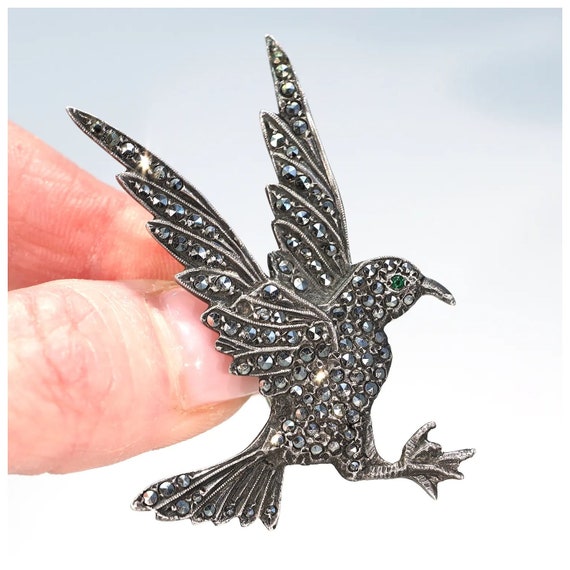 Vintage Marcasite Bird in Flight Brooch Pin Silver - image 5