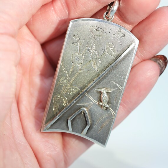 Antique Silver Engraved Bird & Flowers Locket - image 9