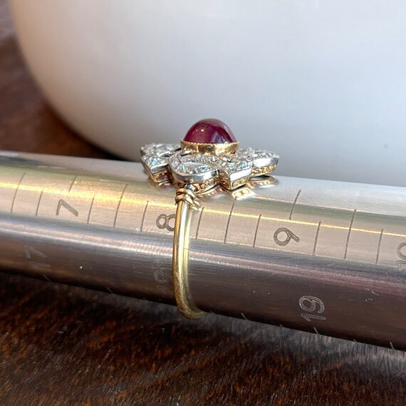 Antique Cabochon Ruby Diamond Ring 18k Gold Plati… - image 10