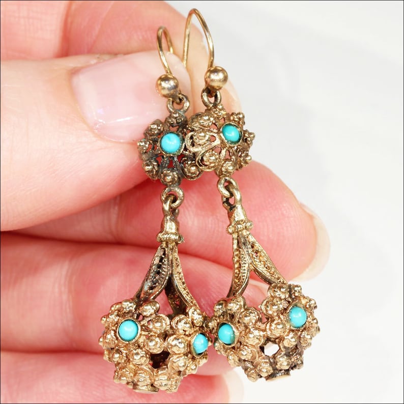 Antique Victorian Turquoise Set 15k Gold Drop Earrings Etsy