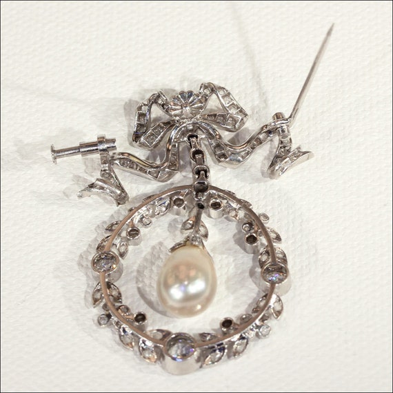 Edwardian Diamond, Pearl and Platinum Pendant Bro… - image 3