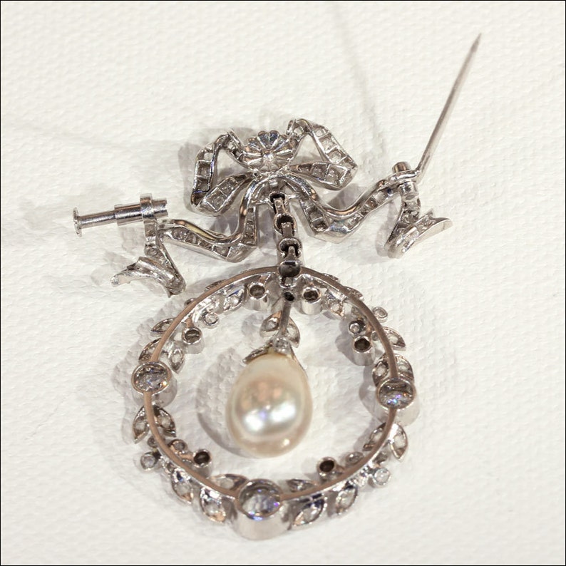 Edwardian Diamond, Pearl and Platinum Pendant Brooch, Garland Era Convertible image 3
