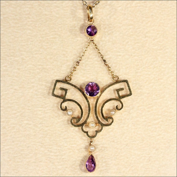 Antique Edwardian Amethyst and Pearl Lavaliere Pe… - image 2