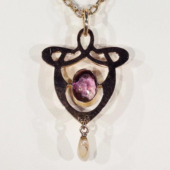 Antique Gold Art Nouveau Pearl Amethyst Pendant - image 5