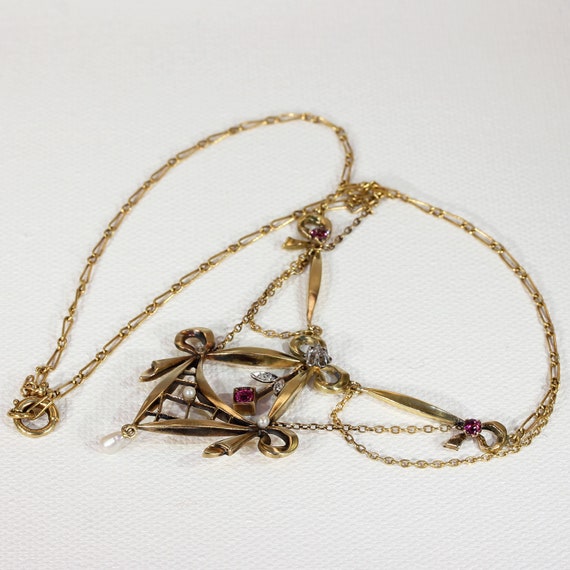 Victorian Gold Silver Ruby Diamond Pearl Necklace - image 4