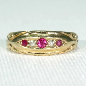 Victorian 5 Stone Ruby Diamond Ring 18k Gold Size 7.5