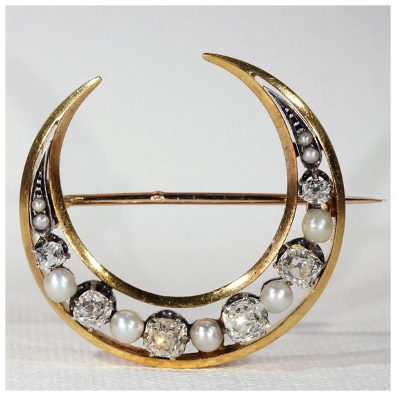 Antique French Diamond Pearl Crescent Brooch Penda
