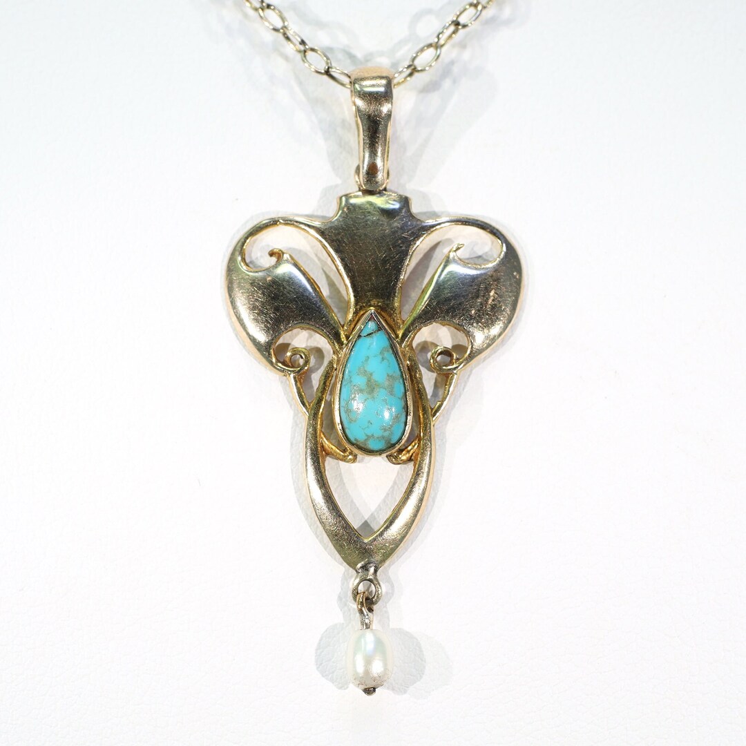 Antique Turquoise Pendant Edwardian Art Nouveau Pearl - Etsy