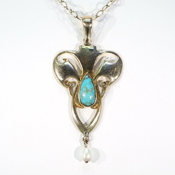 Antique Turquoise Pendant Edwardian Art Nouveau Pe