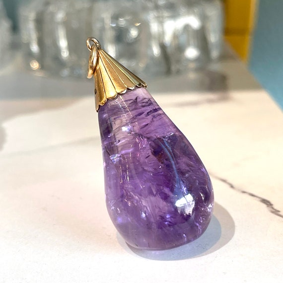 Antique Pendant Carved Amethyst Pear with 15k Gol… - image 2