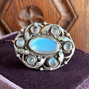 Antique Art & Crafts Silver Moonstone Oval Brooch Pin