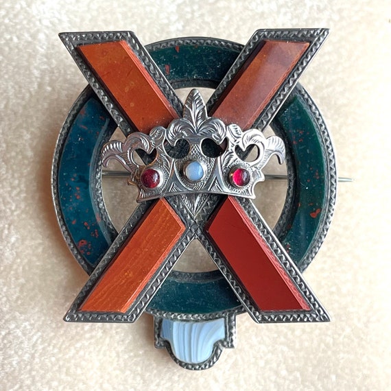 Silver Scottish Agate St. Andrews Cross Brooch Pe… - image 1