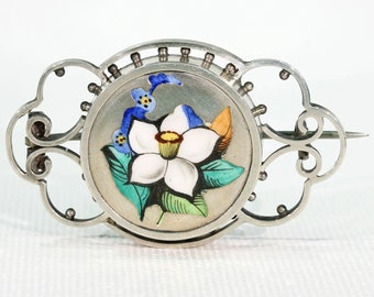 Victorian Silver Enamel Flowers Brooch Pin Daffodil