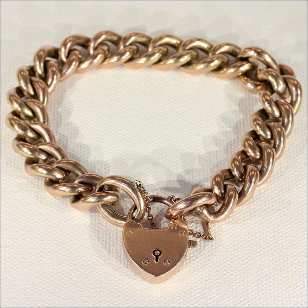 Lovely Antique 9k Rose Gold Curb Link Bracelet With Heart Lock Clasp -   Canada