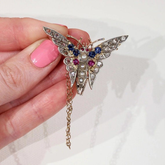 Art Deco Ruby Diamond Sapphire Pearl Brooch Pin B… - image 7