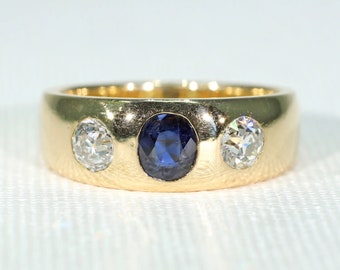 Victorian Sapphire Diamond Gentleman's Gypsy Ring 18k Gold Size 9.75