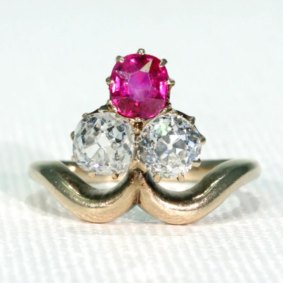 Antique Edwardian Trefoil Ruby Diamond Ring Size … - image 1