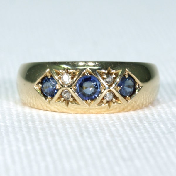 Edwardian Sapphire Diamond Ring Gypsy Set 18k Gold Size 6
