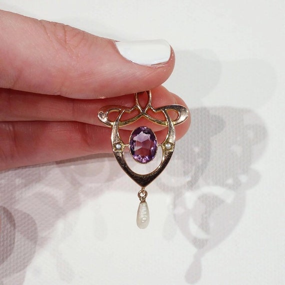 Antique Gold Art Nouveau Pearl Amethyst Pendant - image 6