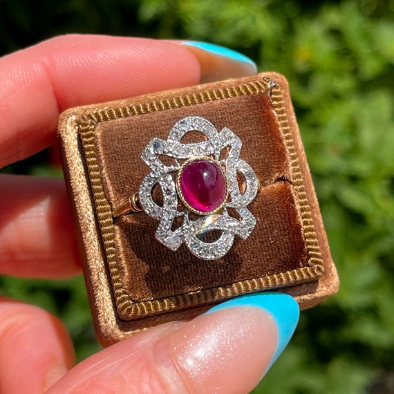 Antique Cabochon Ruby Diamond Ring 18k Gold Plati… - image 3