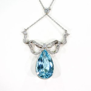 Edwardian Diamond Aquamarine Bow Necklace Platinum c. 1910